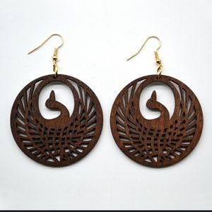 Wood Earrings Carved Phoenix